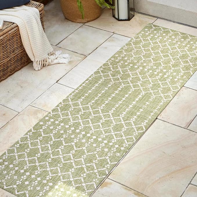 JONATHAN Y Moroccan Geometric Indoor Outdoor Runner Rug 2X8 Light Green/Cream - Image 3