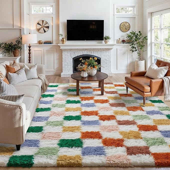 PureCozy Checkered Rug 6x9 for Living Room, Modern Neutral Shag Rug Washable by PureCozy