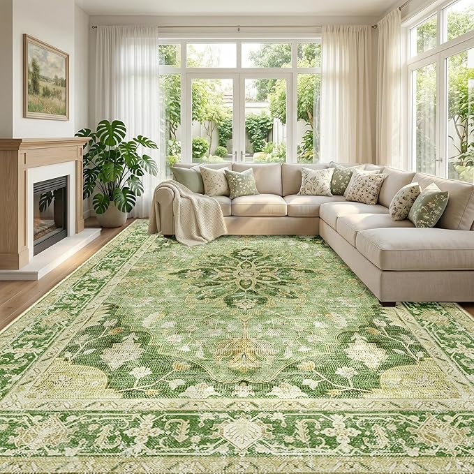 RELEANY Area Rugs Large 9'x12' Washable Non-Slip, Floral Vintage Distress by RELEANY
