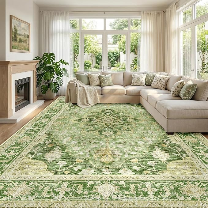 RELEANY Area Rugs Large 10'x12' Washable Non-Slip, Floral Vintage Distress by RELEANY