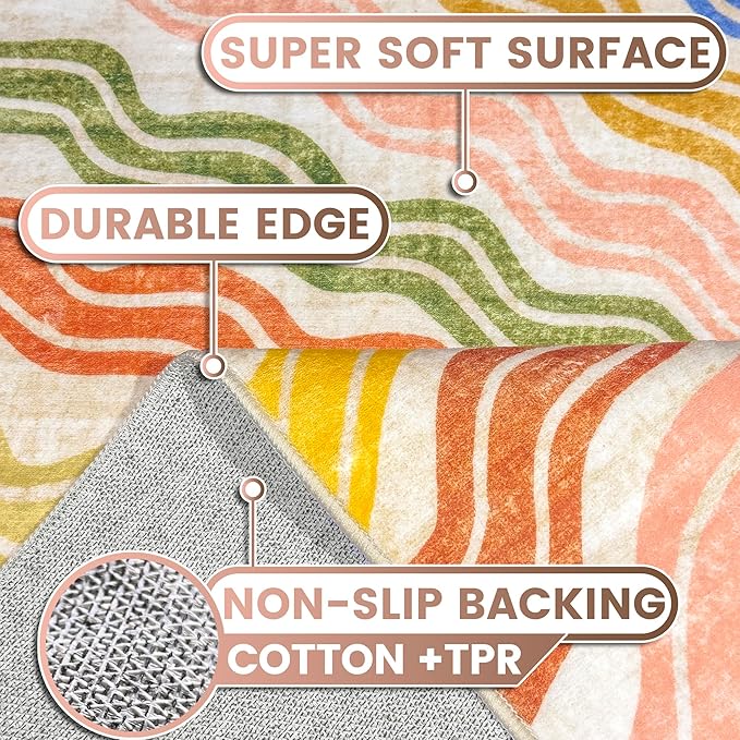 Washable 9x12 Sun Area Rug for Living Room, Rainbow Sun Modern Retro Large Area - Image 3