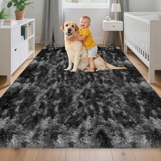 Soft Fluffy Plush Area Rug for Bedroom Living Room, 5x8 Tie-Dyed Grey and Black - Image 2