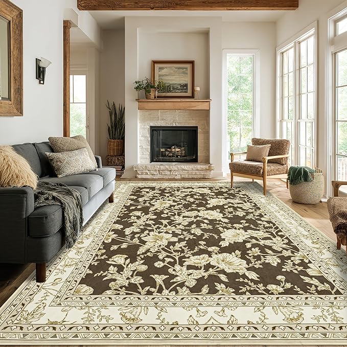 Browm Boho Living Room Rug 5x8, Washable Low Pile Non Slip Area Rugs - Image 8