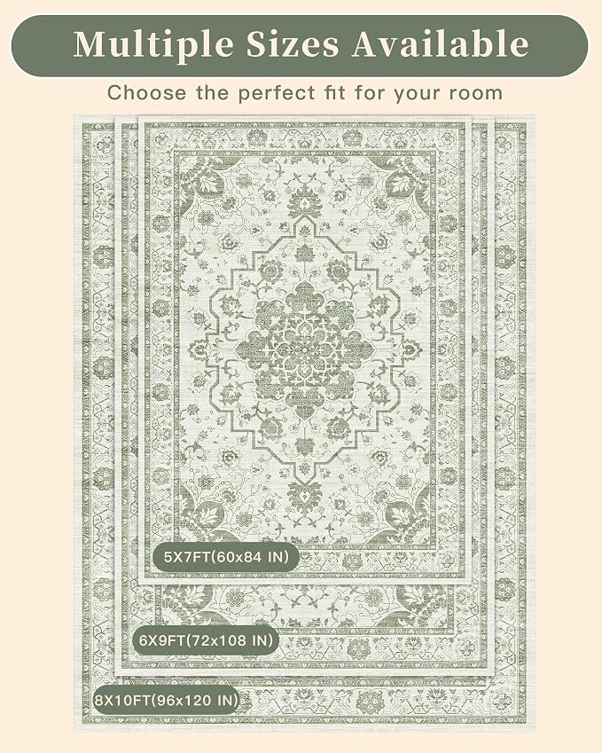 Madane 6x9 Area Rugs for Living Room, Machine Washable Vintage Green Rug - Image 9