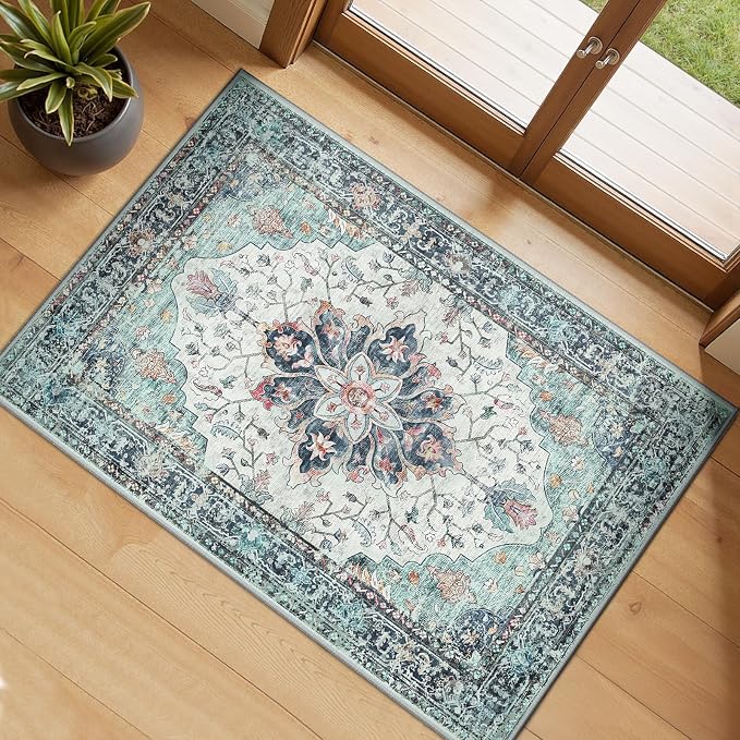 RELEANY Area Rugs Small 2'x3' Washable Non-Slip, Floral Vintage Distress by RELEANY