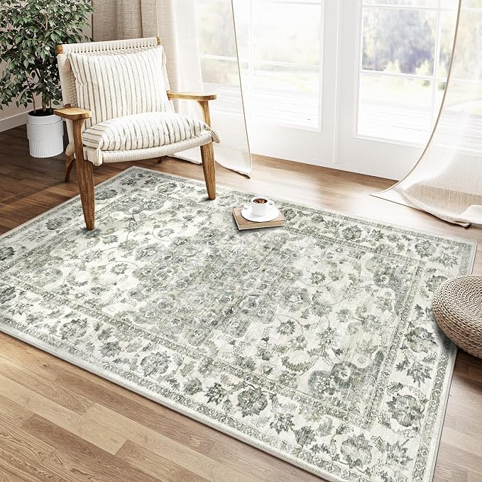 4x6 Washable Neutral Area Rug Green Vintage Entryway Office Carpet Non-Slip - Image 2