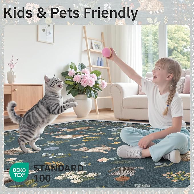 Soalmost Cat 5x7 Area Rugs for Living Room, Machine Washable Animal Floral - Image 5