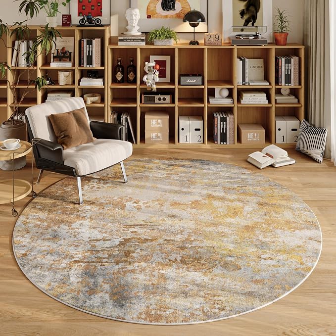Beige Gold Round Rugs 6ft Washable Circle Area Rug - Image 9