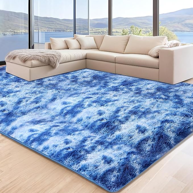 9x12 Area Rugs for Living Room, Tie-Dyed Blue Large Fluffy Shag Rug for Bedroom - Image 3