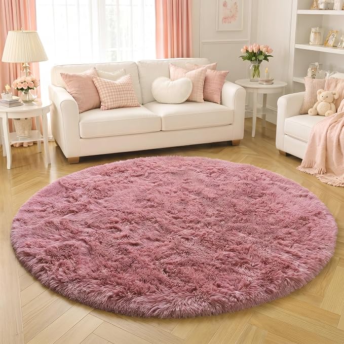 Blush Pink Big Round Rug 8Ft for Kids Bedroom, Large Fluffy Fuzzy Furry Circle - Image 5