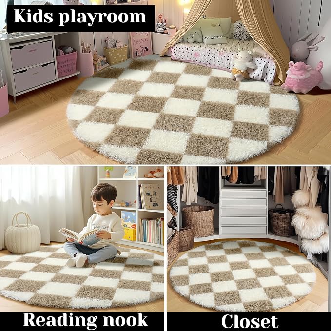 KICMOR Round Rugs for Bedroom, 4ft Fluffy Soft Circle Area Rug Beige and Cream - Image 7