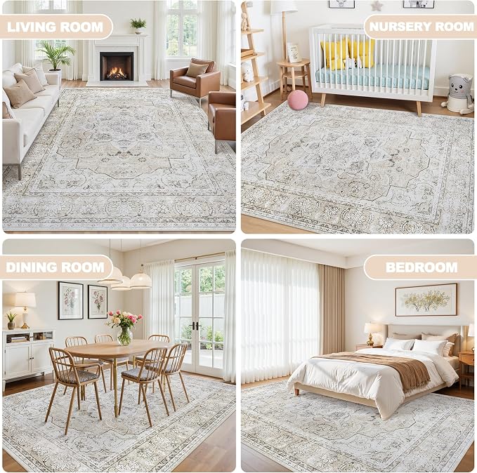 8x10 Area Rugs for Living Room:Beige Washable Vintage Medallion Carpet Non-Slip - Image 6