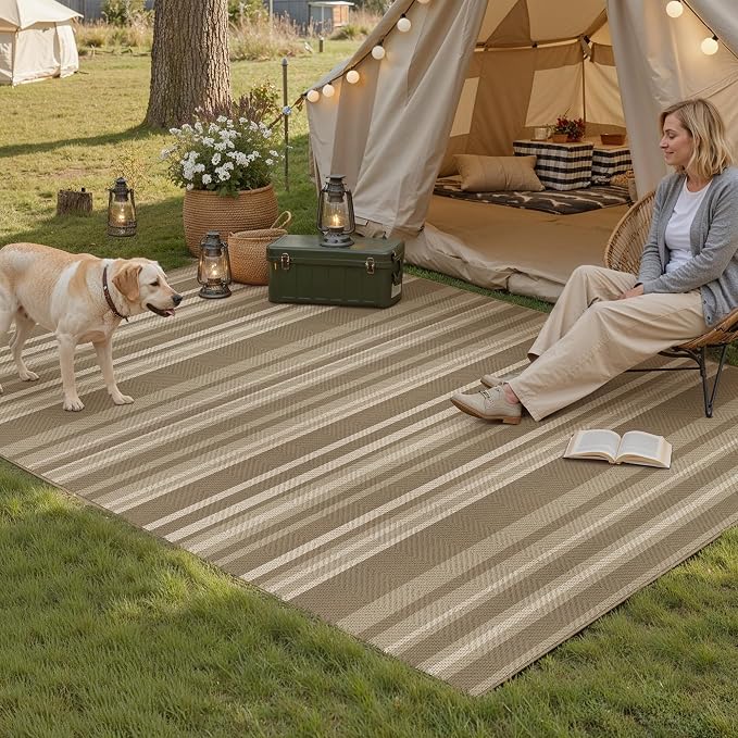 5x7 Easy Jute Stripe Area Rug Washable Beige Brown Indoor Outdoor Carpet Non - Image 3