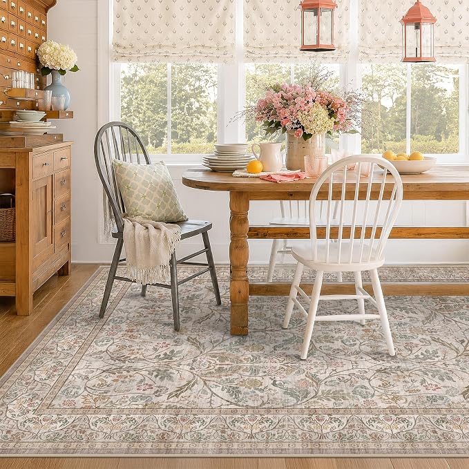 Moss Green 6x9 Area Rug for Dining Room Under Table, Machine Washable Low Pile by Evyhood