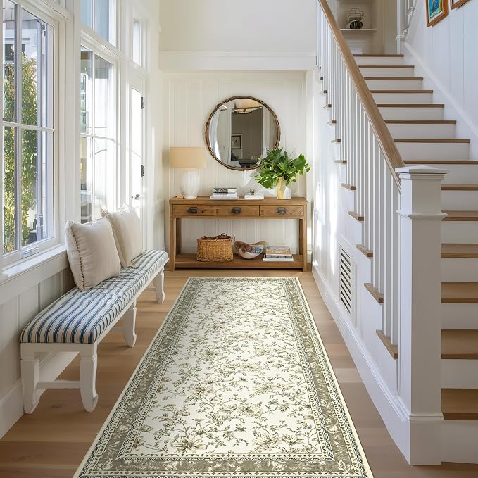 Beige Tan Neutral Boho Washable 3x8 Extra Long Hallway Runner Rug, Extra Large by BILEEHOME