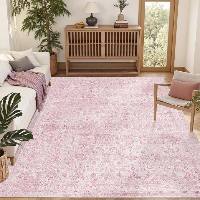 Rugxara Pink Rug for Living Room Bedroom, 5x7 Area Rugs Washable Vintage Floral - Image 3