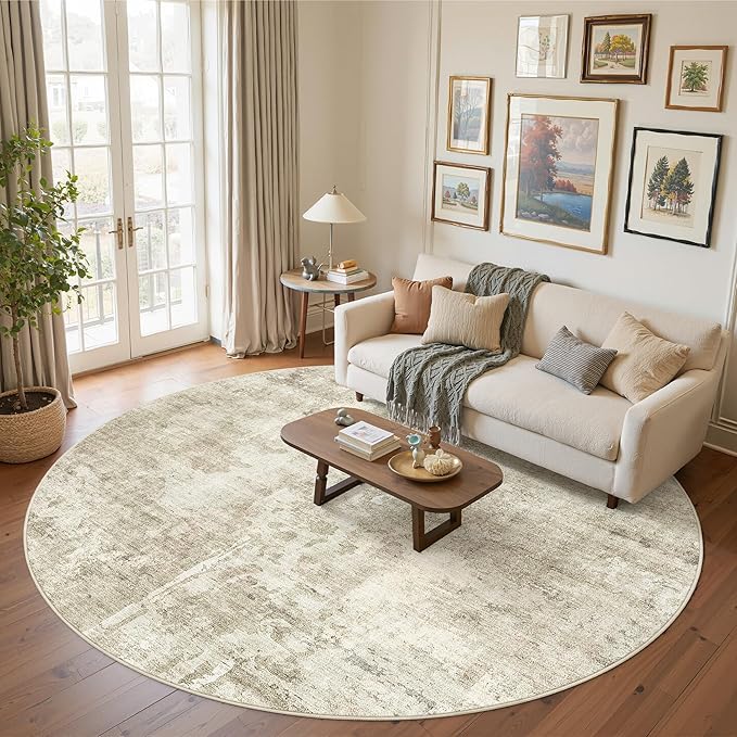 Soalmost 8x8 Beige Gray Round Rug 8ft Living Room Circle Rug Vintage Round Area - Image 2