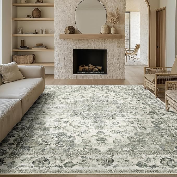 10x14 Neutral Area Rug Green Vintage Living Room Bedroom Washable Carpet - Image 3