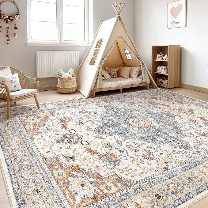 8x10 Area Rugs Living Room: Washable Boho Large Neutral Vintage Soft Rug Stain - Image 5