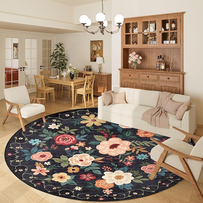 DUKINO Floral Round Rug, 6ft Washable Circle Rug, Non Slip Indoor Low Pile - Image 3