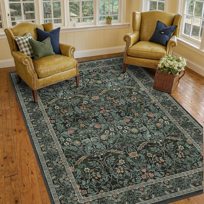 Floral 4x6 Boho Rugs for Living Room, Dark Green Washable Kitchen Floor Mats by Evyhood