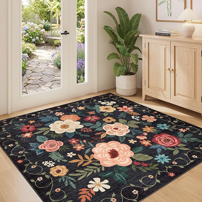 DUKINO 4x4 Square Area Rug, Floral Indoor Floor Washable Entryway Rug by DUKINO