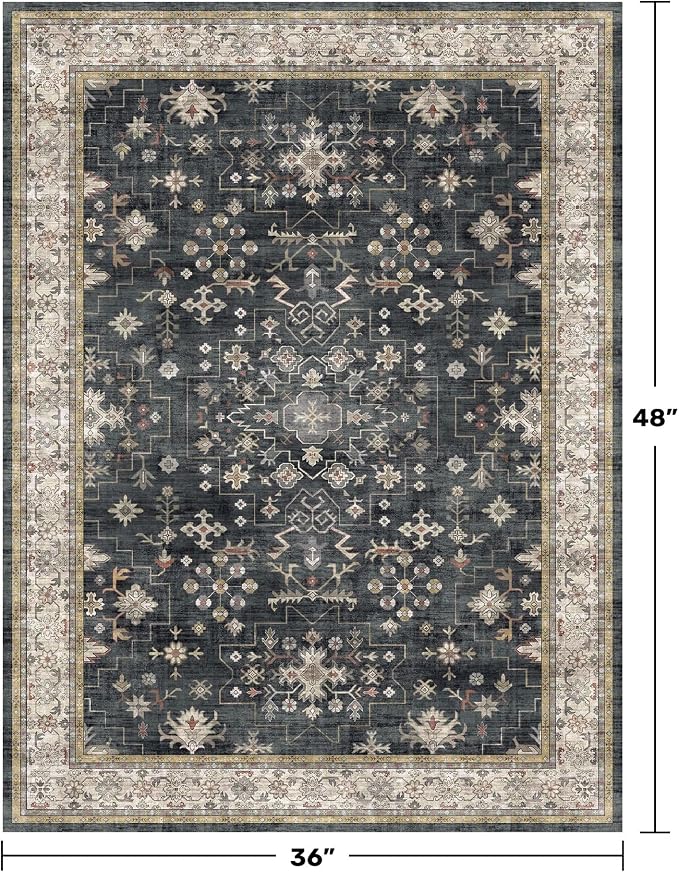 Black Boho Washable Entry Rug, 3x4 Rugs - Image 2