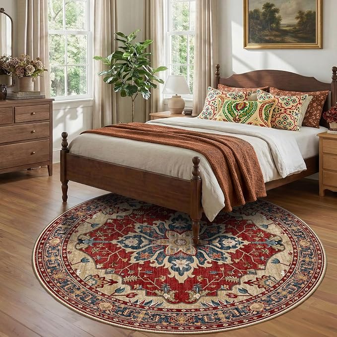 RELEANY Area Rugs Round 8ft Washable Non-Slip, Floral Vintage Distress - Image 3