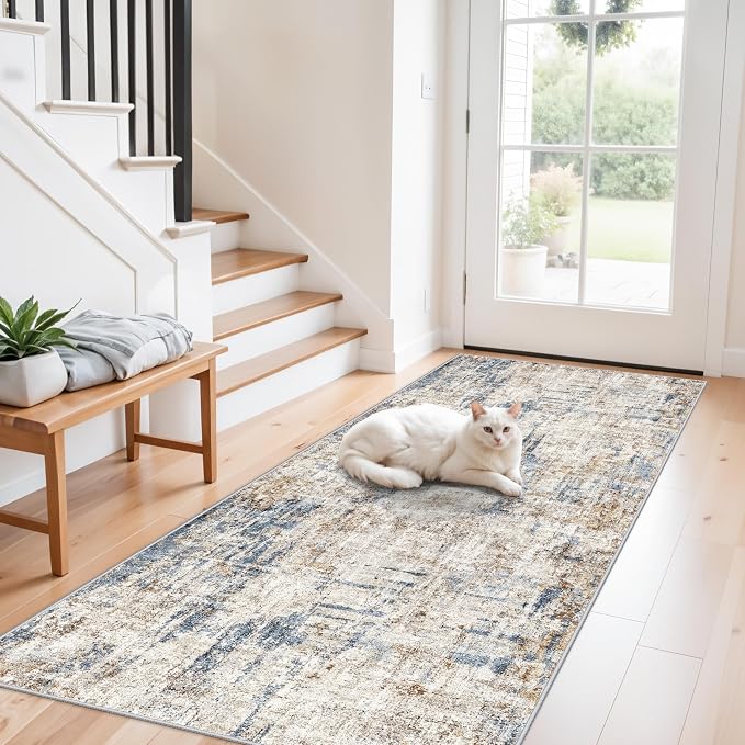 3x7 Washable Non-Slip Kitchen Runner Rug – Modern Abstract Neutral Beige & Gray by ZHXXUJ