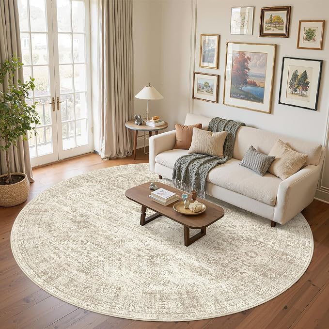 Soalmost 8x8 Beige Round Rug 8ft Living Room Circle Rug Vintage Round Area Rug by Soalmost