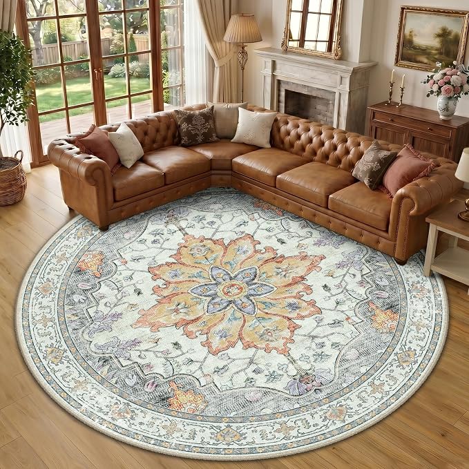 RELEANY Area Rugs Round 10ft Washable Non-Slip, Floral Vintage Distress by RELEANY