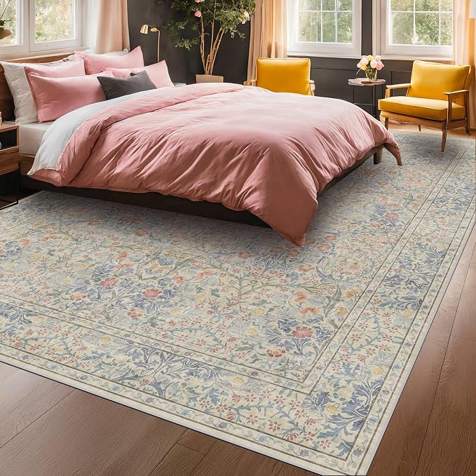 Vintage Washable Beige Blue 10x12 Rug - Image 3
