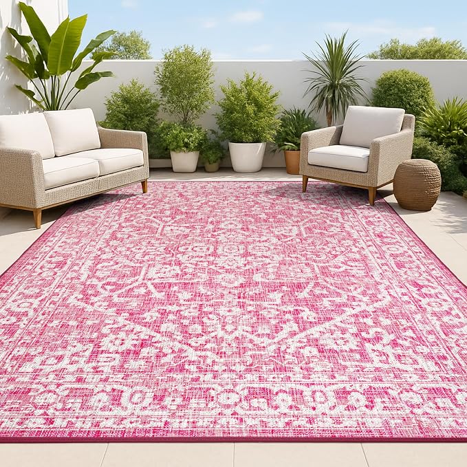 JONATHAN Y Boho Medallion Indoor Outdoor Area Rug 5X8 Fuchsia/Light Gray by JONATHANY