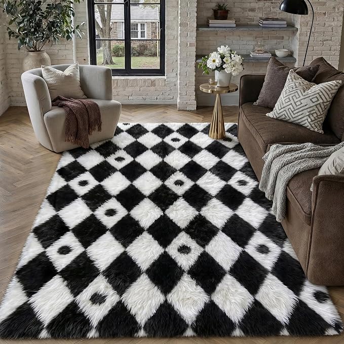 PureCozy Checkered Rug 5x8 Fluffy Shag Living Room Black and White Area Rug by PureCozy