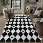 PureCozy Checkered Rug 5x8 Fluffy Shag Living Room Black and White Area Rug by PureCozy
