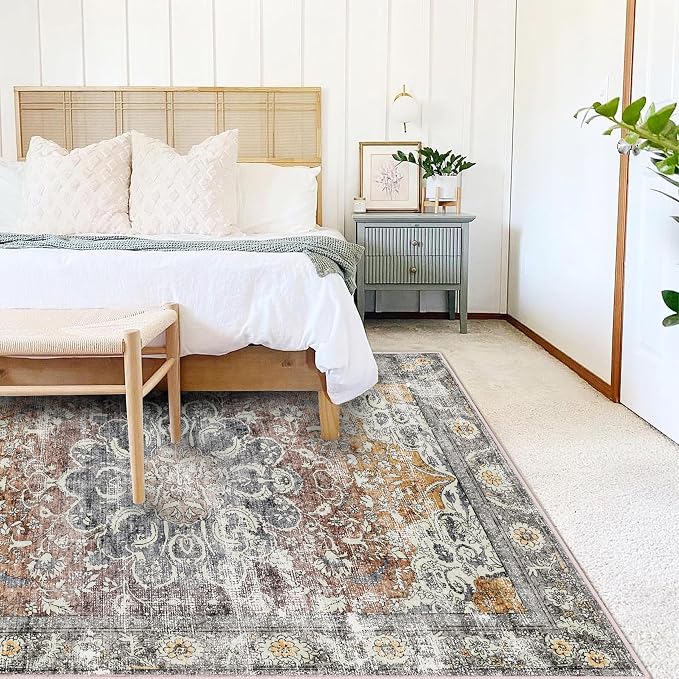 CHAMPLANT Area Rug 6x9 Washable Rug Brown Grey Vintage Traditional Distressed - Image 2