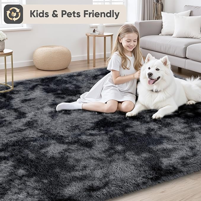 8x10 Area Rugs for Living Room Bedroom: Black Grey Soft Fluffy Shag Upgrade - Image 3