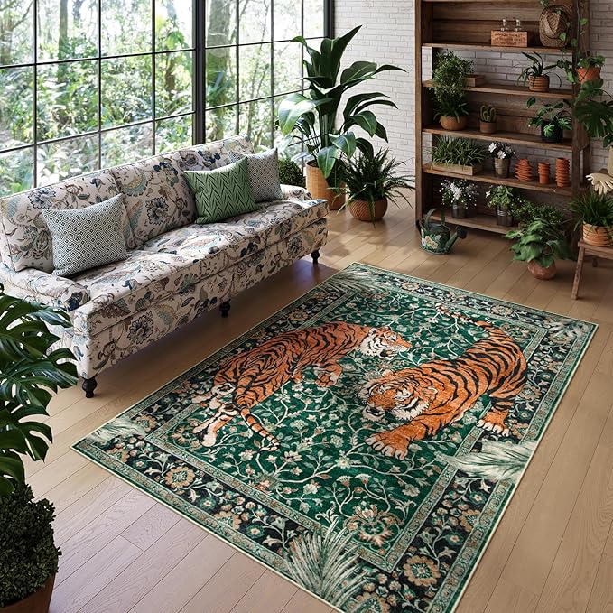 Moynesa Tiger 5x7 Area Rug, Boho Washable Living Room Rug, Non Slip Green Rugs - Image 7