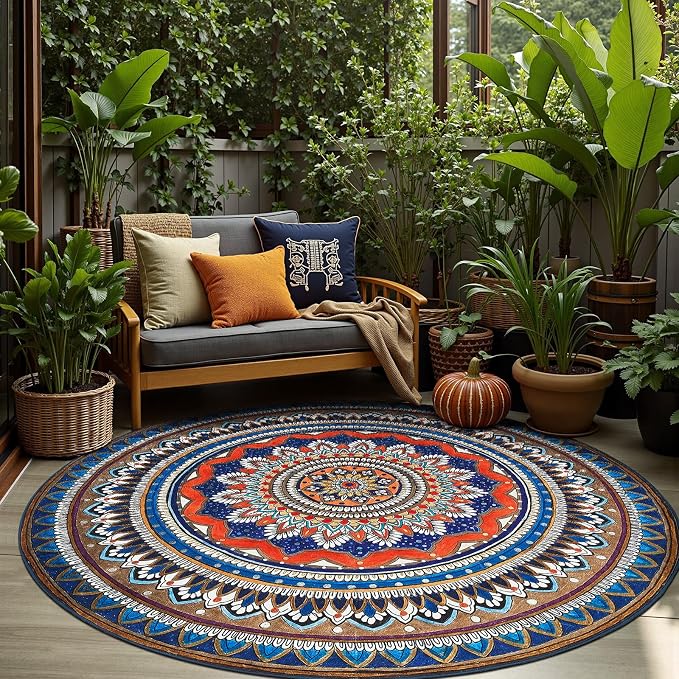 jinchan Mandala Round Rug 8ft Blue Rustic Boho Washable Rug Tribal 8' Round - Image 9