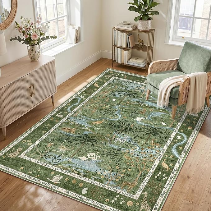 Washable Area Rug 5x7 Green Animal Print Rugs by Garvee