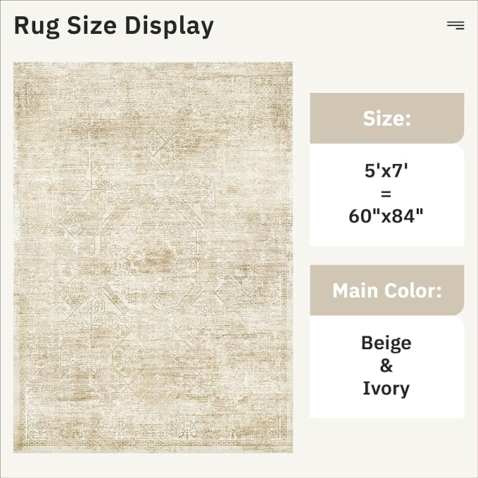 Soalmost 5x7 Area Rugs Beige Low Pile Indoor Washable Trendy Faded Style Floral - Image 3