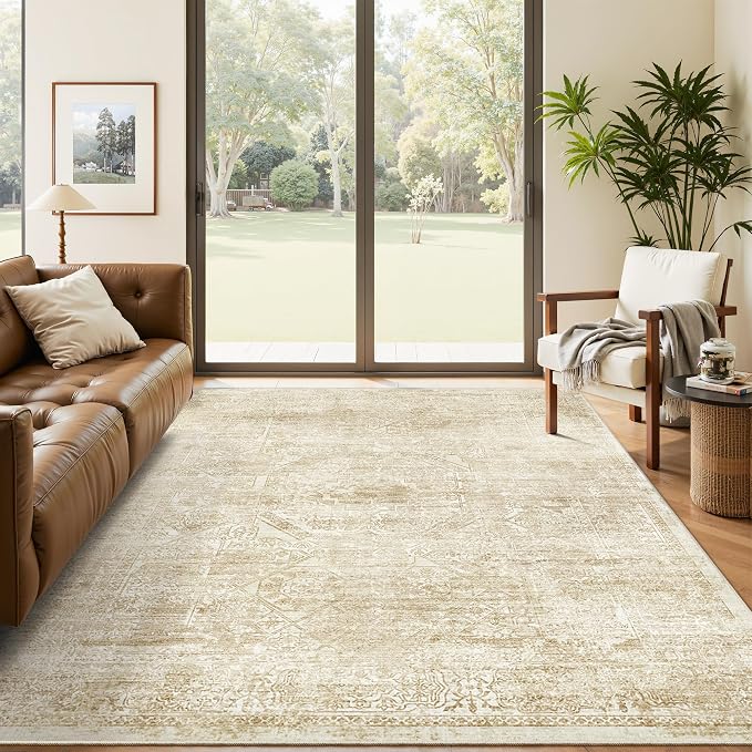 Soalmost 5x7 Area Rugs Beige Low Pile Indoor Washable Trendy Faded Style Floral by Soalmost