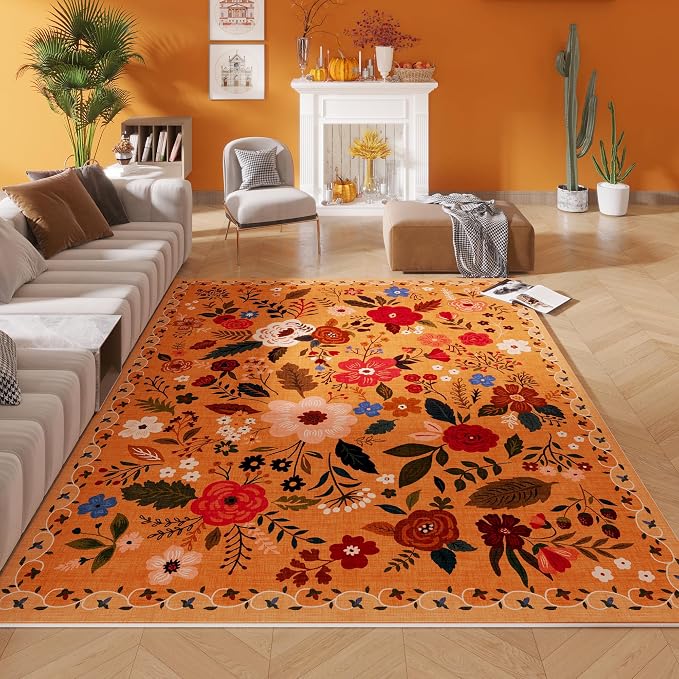 Rugcomf Living Room Rug 5x7 Rug Machine Washable Boho Area Rug Non Slip Floral by Rugcomf