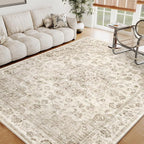 5x7 Washable Neutral Area Rug Beige Vintage Living Room Bedroom Carpet Non-Slip - Image 3