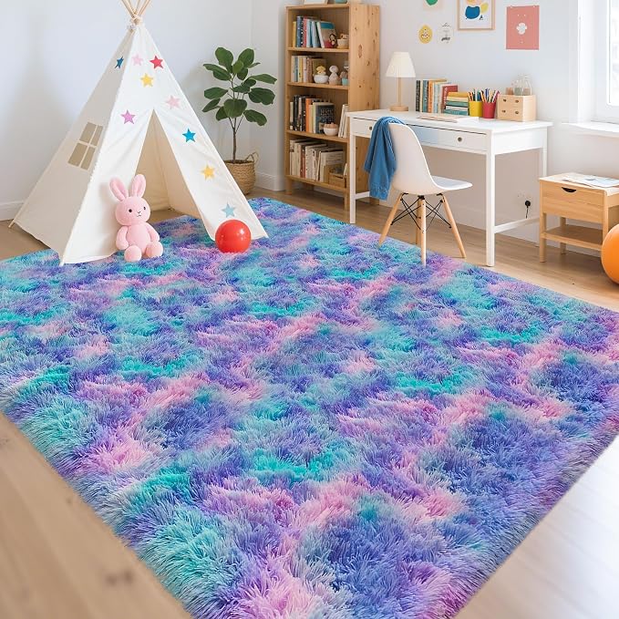 Purple Rainbow Fluffy Soft Area Rug 8x10 ft Plush Furry Rugs - Image 8