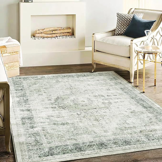 CHAMPLANT Washable Area Rug 4'x6' Floral Green Vintage Traditional Floor Cover by CHAMPLANT