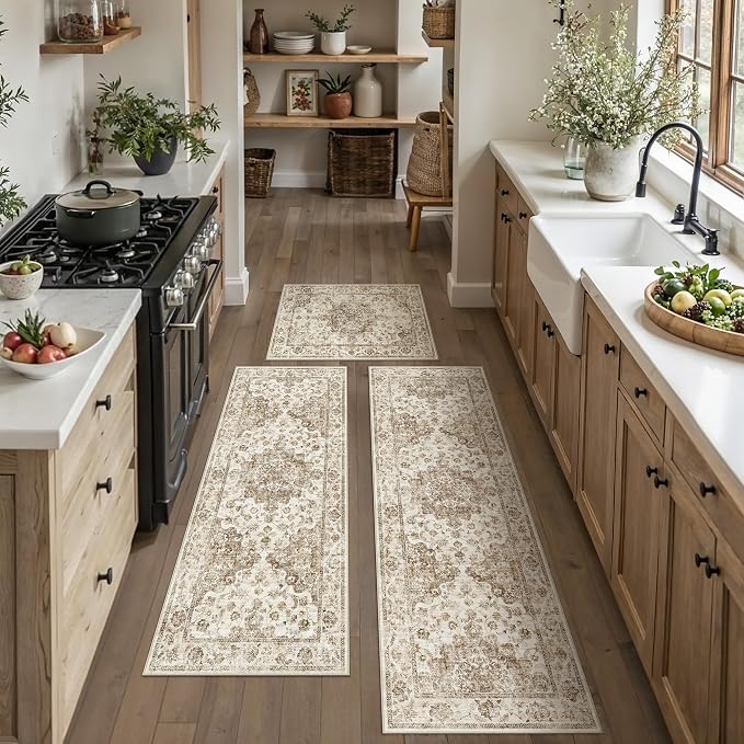 Neutral Kitchen Rug Set of 3 Washable Brown Vintage Kitchen Mats by WondRg