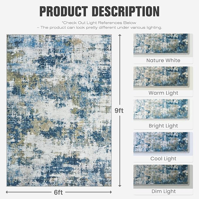 Area Rug 6x9 Living Room Rug Washable: No-Slip Abstract Soft Thin Large Blue - Image 2