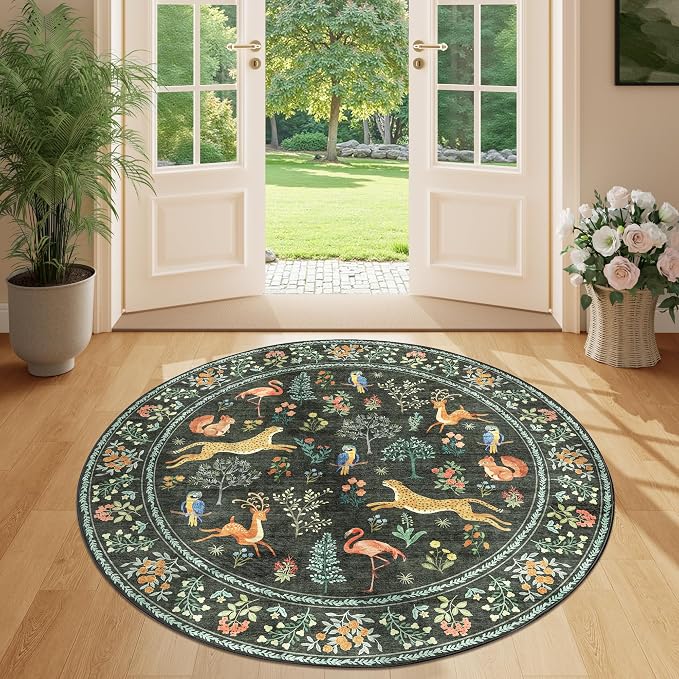 DUKINO 4ft Round Rug, Washable Round Area Rug, Non Slip Indoor Low Pile Animal by DUKINO
