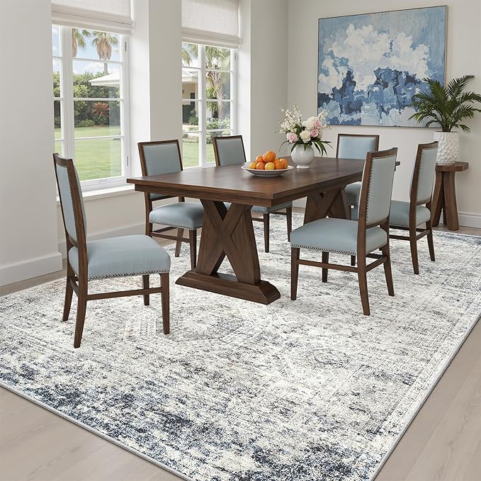 Soalmost 5x7 Area Rugs Blue Ivory Low Pile Indoor Washable Trendy Faded Style - Image 4